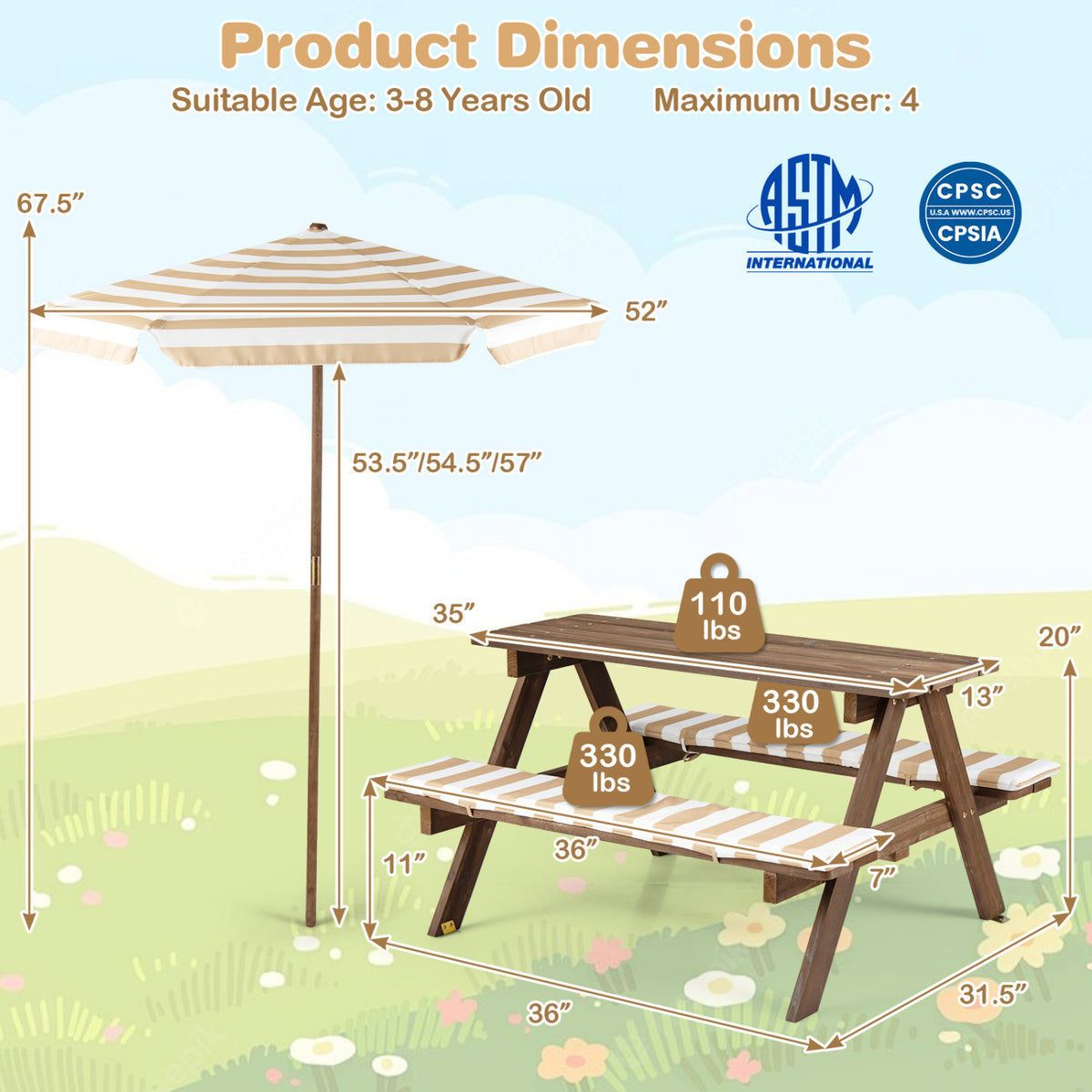 Fir Wood Kids Picnic Table with 2 Built-in Benches and Umbrella-Coffee
