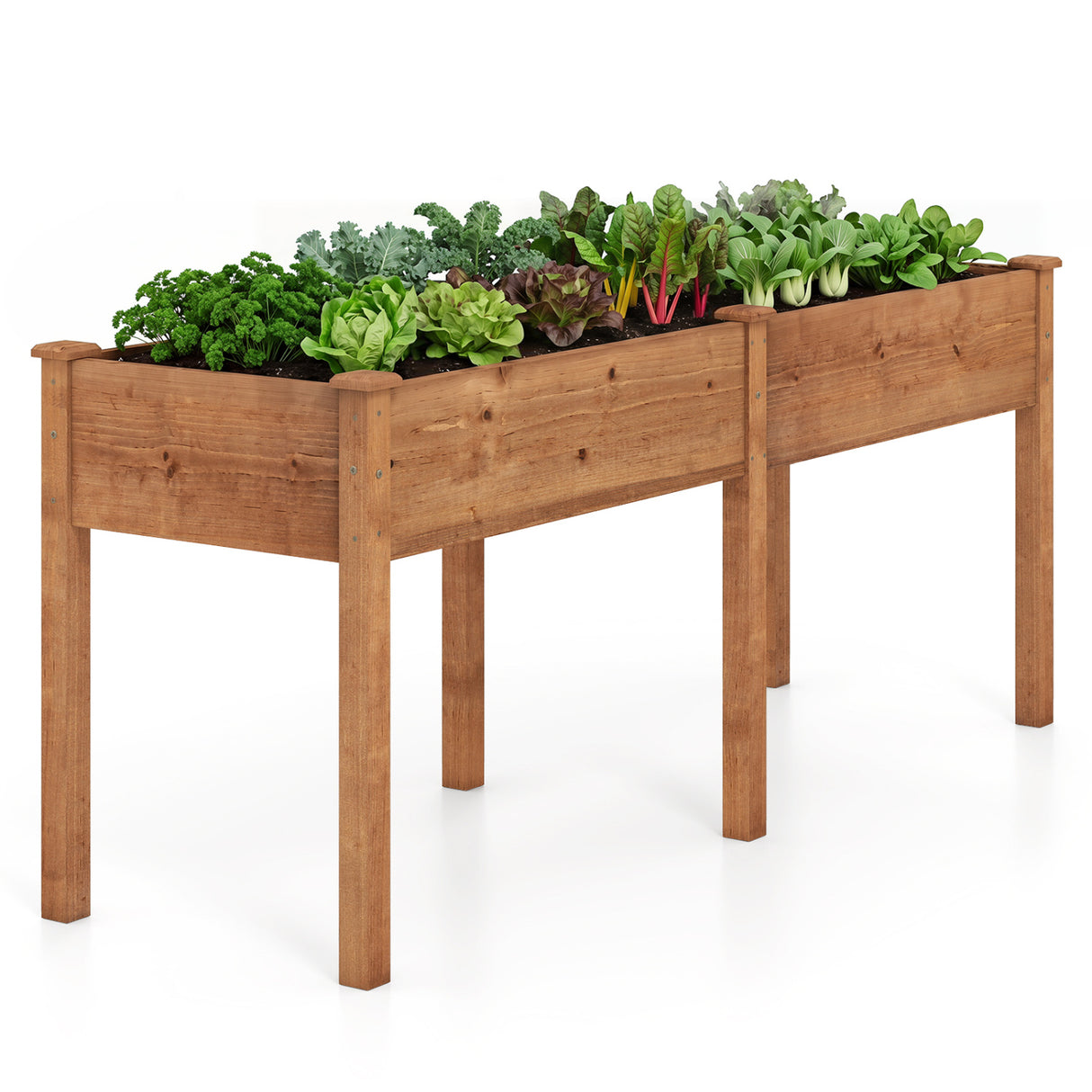 Fir Wood Outdoor Raised Garden Bed with Divider Panel and Drainage Holes-Yellow