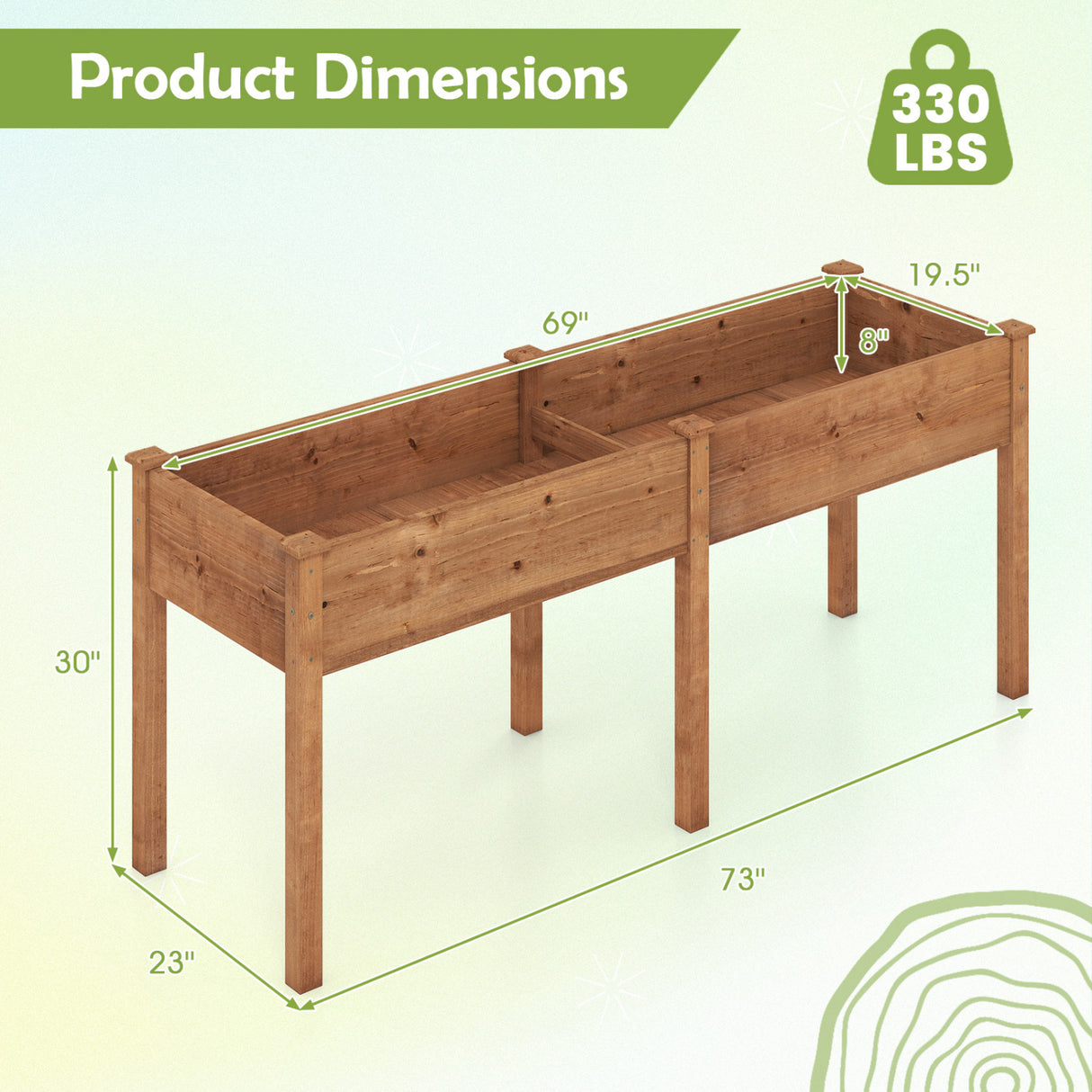Fir Wood Outdoor Raised Garden Bed with Divider Panel and Drainage Holes-Yellow