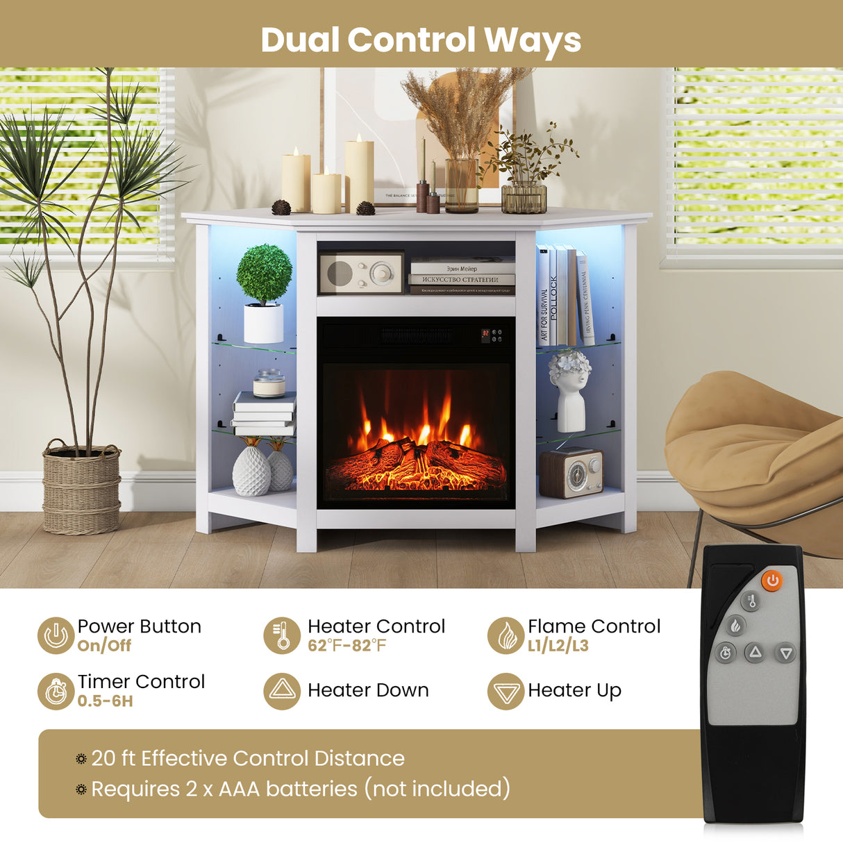 Fireplace Corner TV Stand with LED Lights and Smart APP Control for 50 Inches TV-White