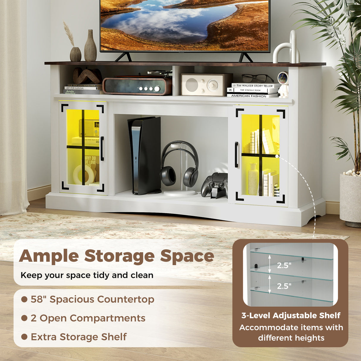 TV Stand with LED Lights and Remote Control-White