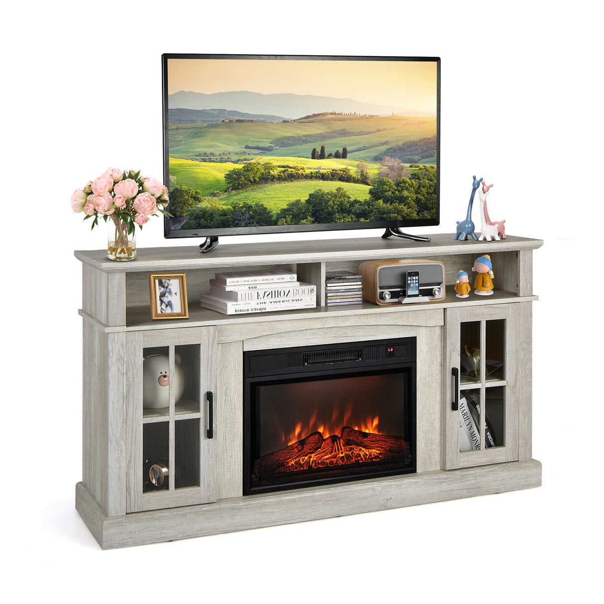 Fireplace TV Stand for TVs Up to 65 Inch with Side Cabinets and Remote Control-Black