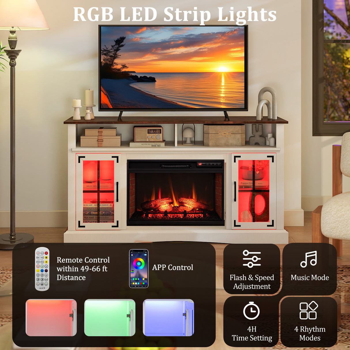 Fireplace TV Stand with Remote Controls and Thermostat for TVs Up to 50 Inch-White