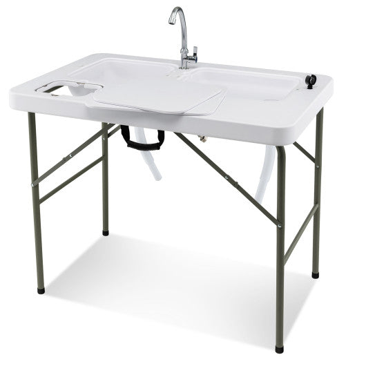 Fish Cleaning Table with 2 Sinks and 360 ° Rotatable Fauce-White