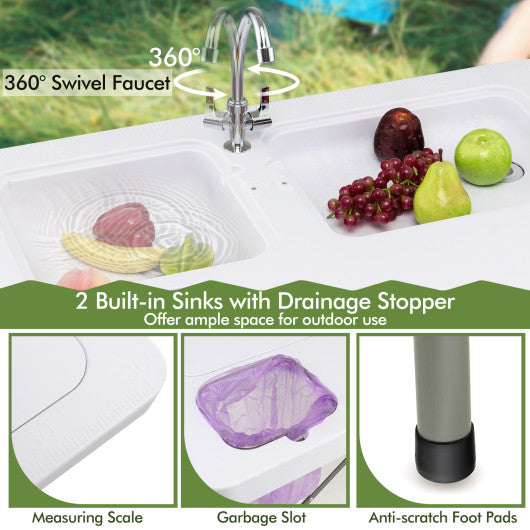 Fish Cleaning Table with 2 Sinks and 360 ° Rotatable Fauce-White