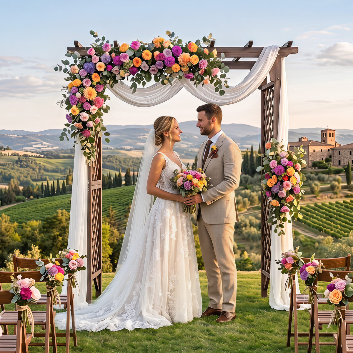 Flat Top Garden Arch with Gate 85" Tall Wood for Climbing Plants and Wedding-Brown
