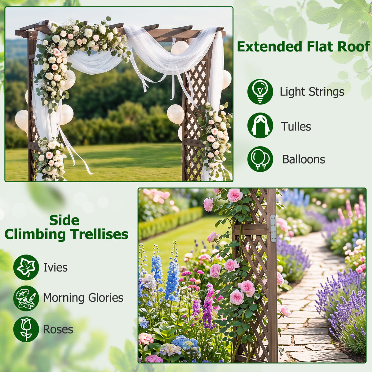 Flat Top Garden Arch with Gate 85" Tall Wood for Climbing Plants and Wedding-Brown