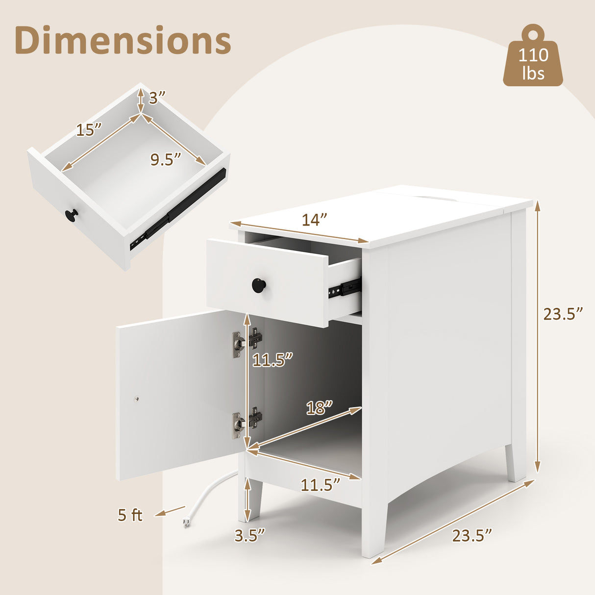 Flip Top End Table with Charging Station USB Ports Outlets and Drawer-White