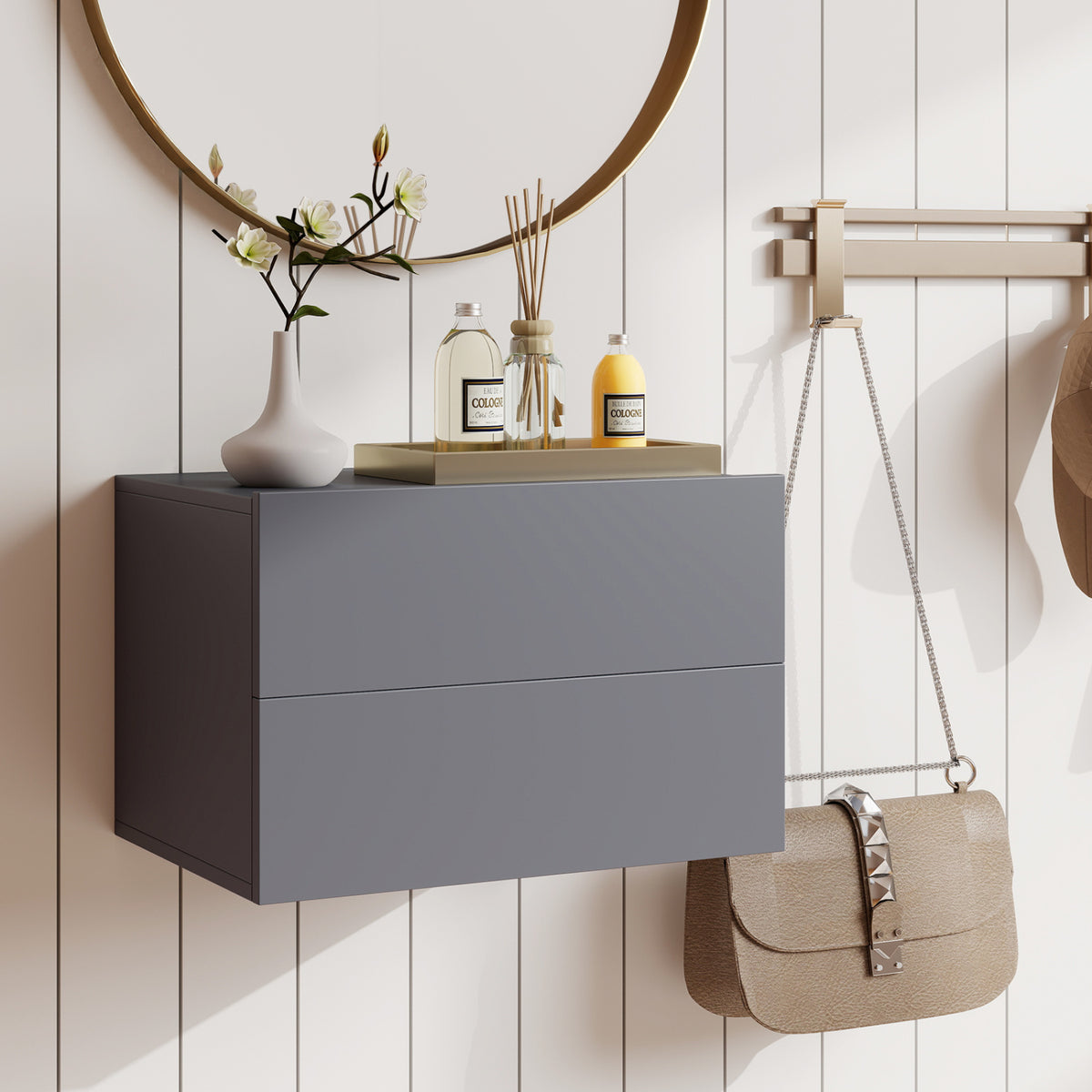Floating Nightstand with 2 Storage Drawers Wall Mounted for Bedroom-Gray