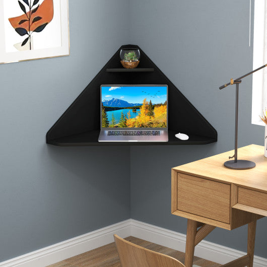 Floating Triangular Corner Computer Desk with Storage Shelf-Black