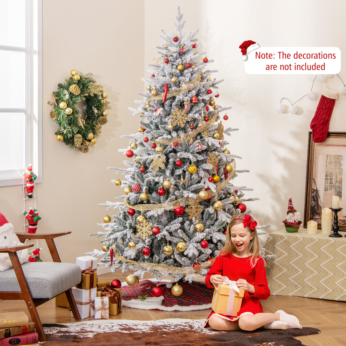 7 Feet Flocked Christmas Tree with 8 Lighting Modes and Multi-Color LED Lights-7 ft