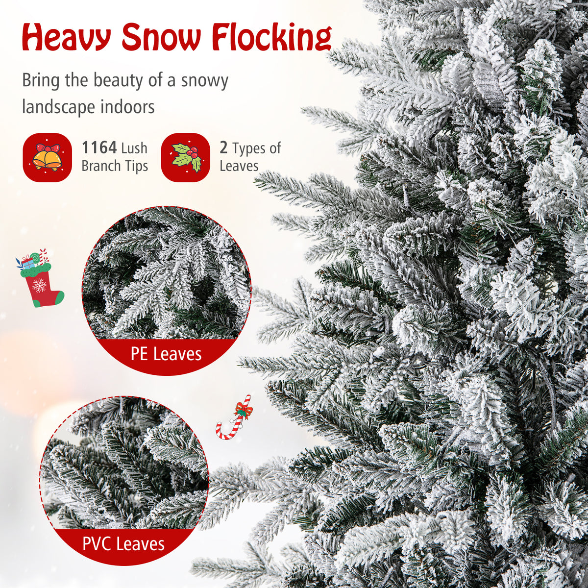 7 Feet Flocked Christmas Tree with 8 Lighting Modes and Multi-Color LED Lights-7 ft