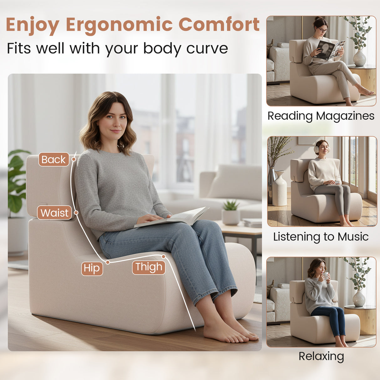 Floor Chair Lazy Sofa with Detachable Headrest-Beige