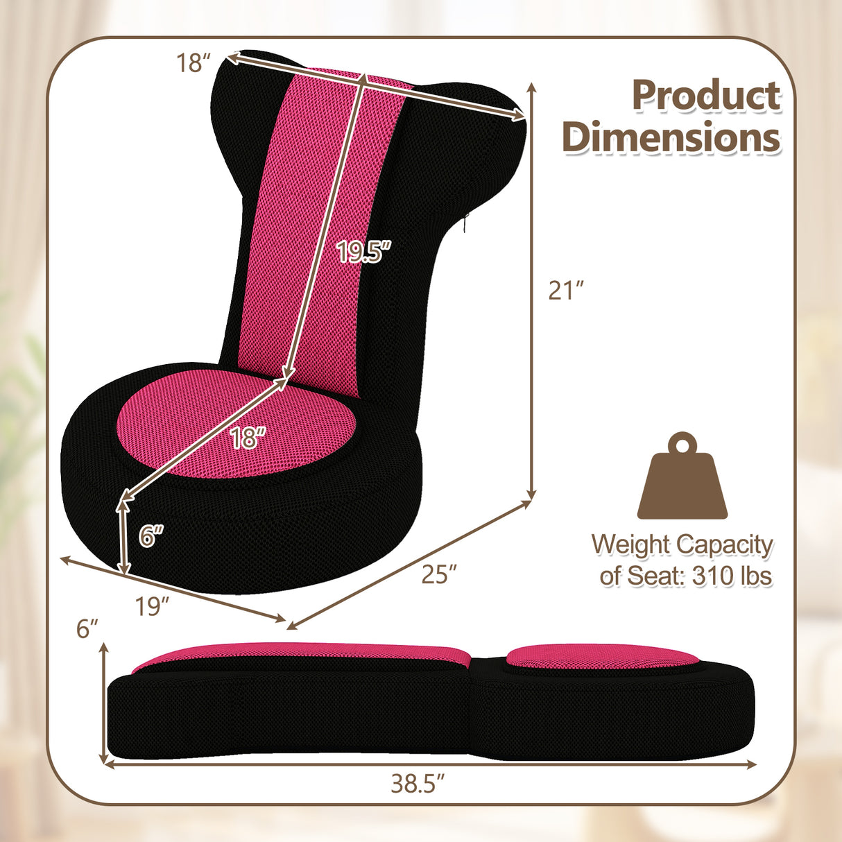 Floor Comfy Gaming Leisure Chair with Adjustable Headrest and Backrest-Pink