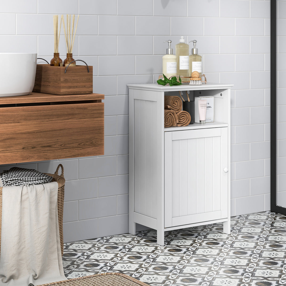 Bathroom Freestanding Adjustable Shelf Floor Storage Cabinet-White