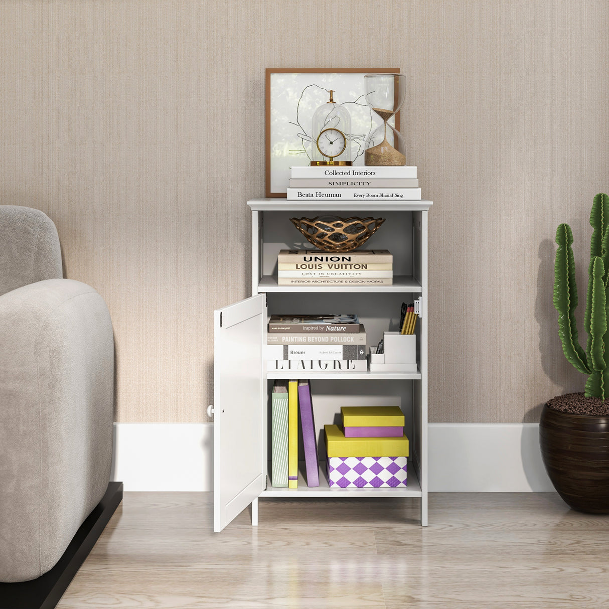Bathroom Freestanding Adjustable Shelf Floor Storage Cabinet-White