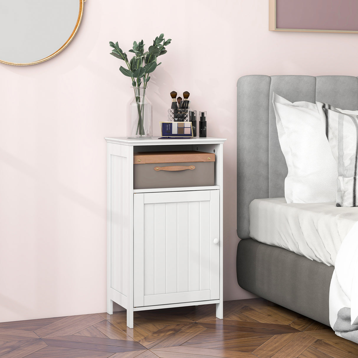 Bathroom Freestanding Adjustable Shelf Floor Storage Cabinet-White