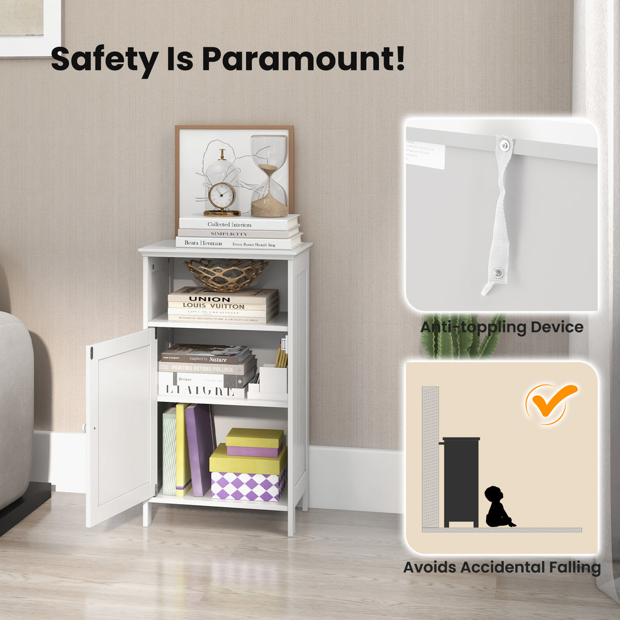 Bathroom Freestanding Adjustable Shelf Floor Storage Cabinet-White