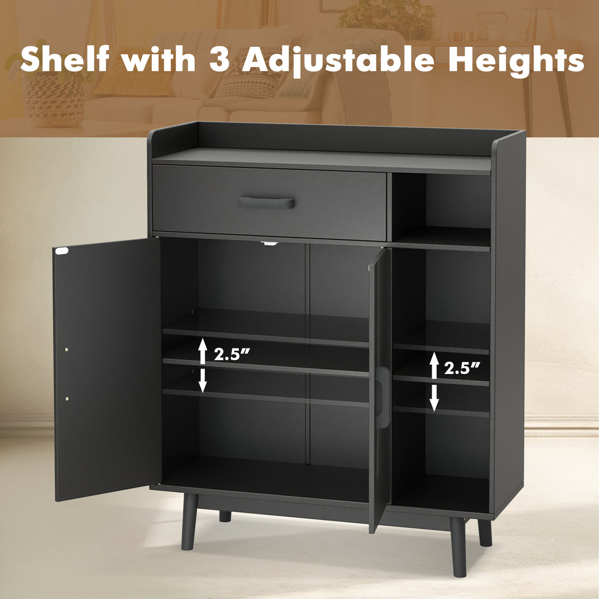 Floor Storage Cabinet Free Standing Cupboard Chest with 1 Drawer-Black