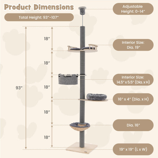 Floor to Ceiling Cat Tree with 93 Inch-107 Inch Adjustable Height-Gray
