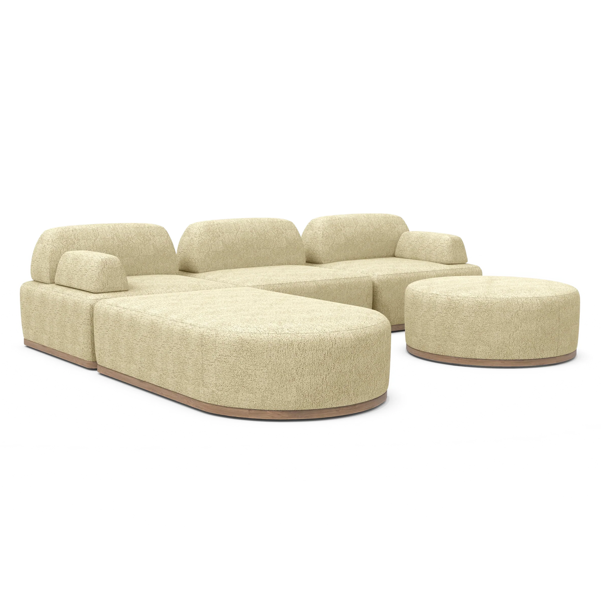 Introducing the Magna Preconfigured Sectional—a contemporary, beige-colored modular sofa with rounded edges, paired with a coordinating round ottoman. This sofa boasts plush cushions and a sleek texture, all displayed against a simple white background.