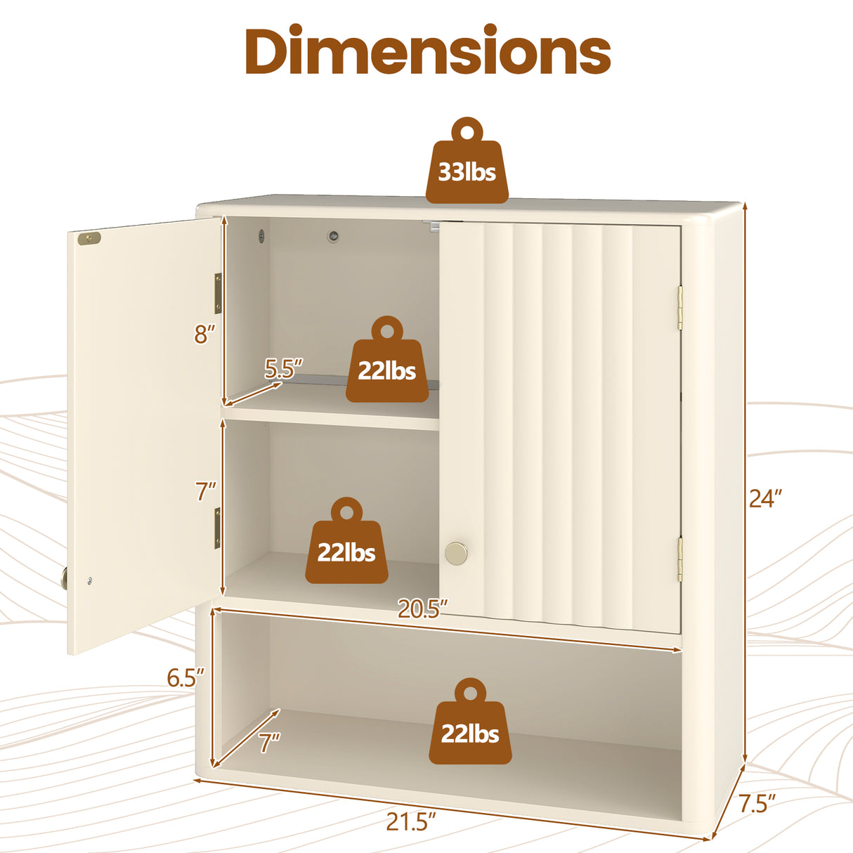 Fluted Bathroom Wall Cabinet with Open Shelf-Beige