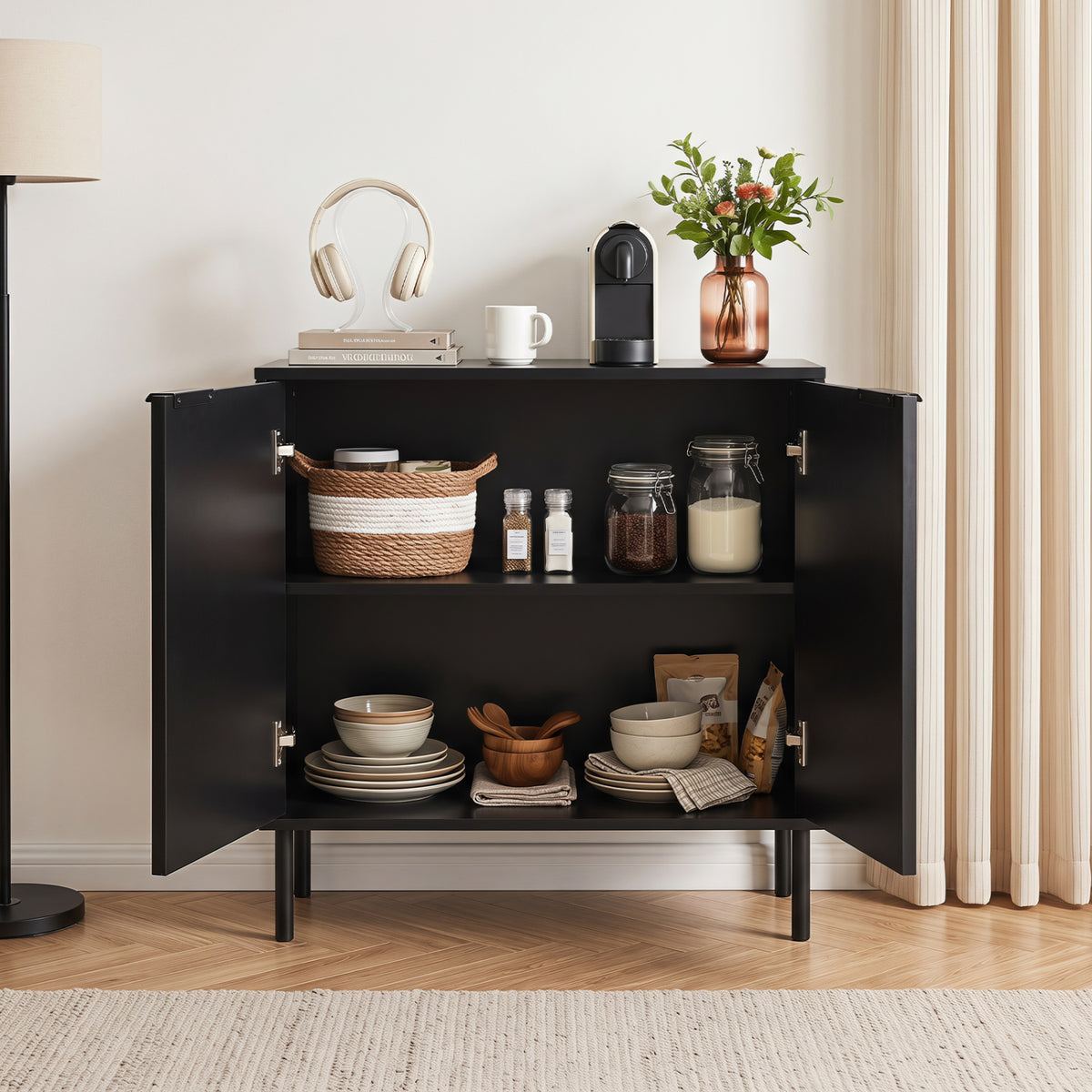 Fluted Buffet Cabinet with 2-Door Sideboard for Kitchen and Dining Room-Black