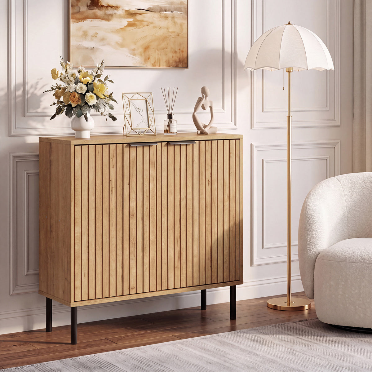 Fluted Buffet Cabinet with 2-Door Sideboard for Kitchen and Dining Room-Oak