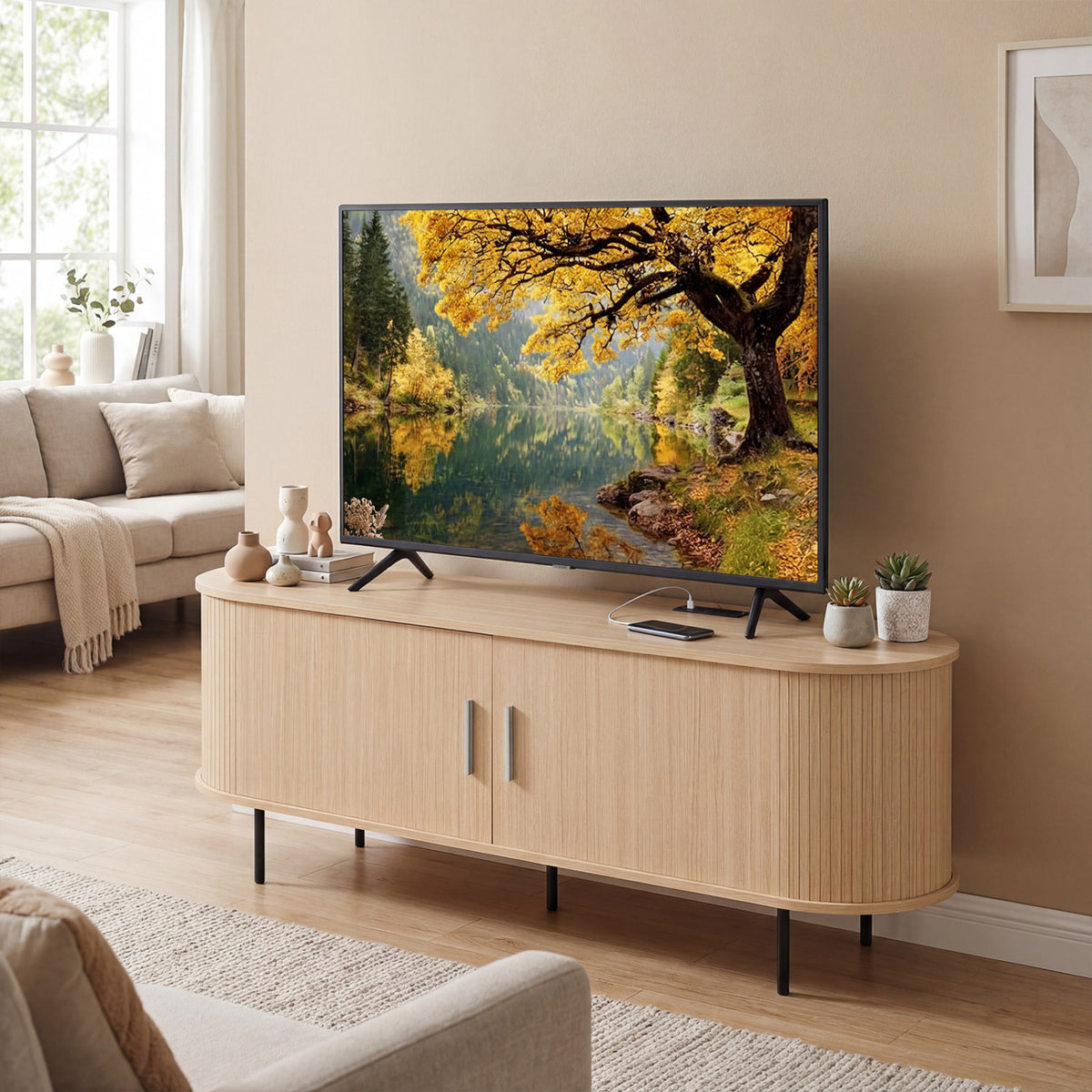 Fluted TV Stand for TVs up to 60" Mid Century Curved Entertainment Center-Natural
