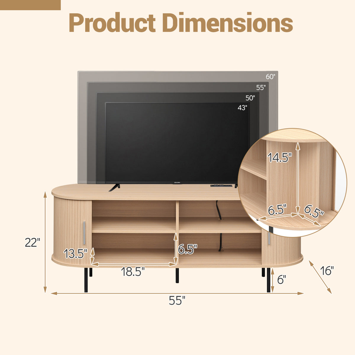Fluted TV Stand for TVs up to 60" Mid Century Curved Entertainment Center-Natural