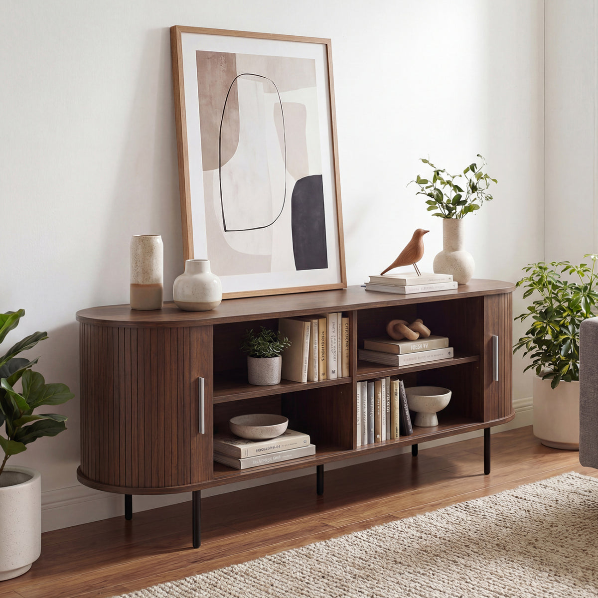 Fluted TV Stand for TVs up to 60" Mid Century Curved Entertainment Center-Walnut