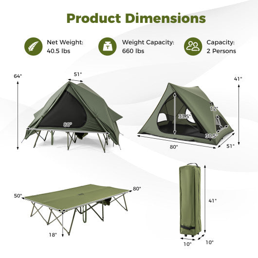 Foldable 2-Person Camping Cot Tent with Pop-up Tent Shelter and Portable Wheeled Bag-Green