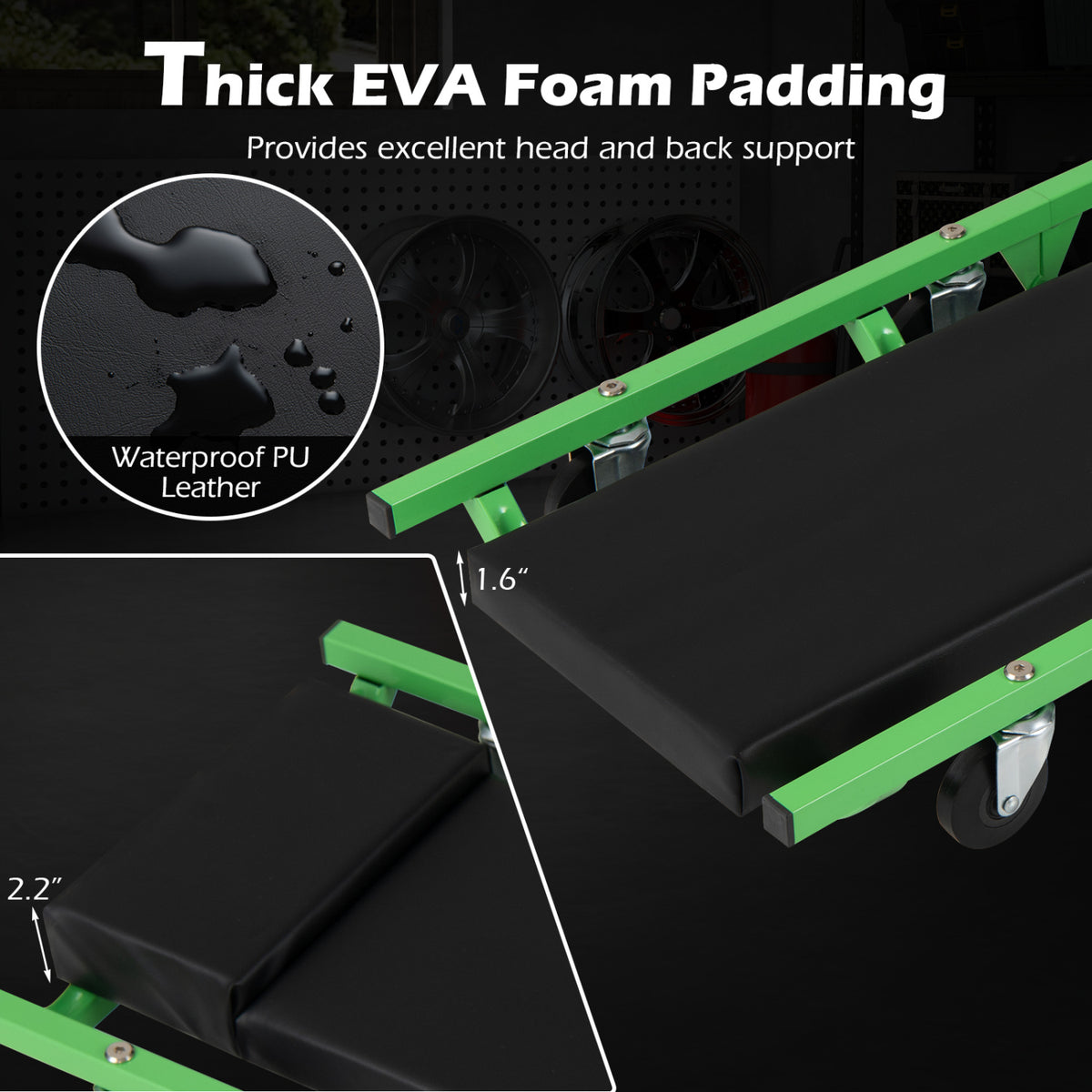 Foldable Automotive Creeper with 360° Swivel Wheels 330 lbs for Garage-Green