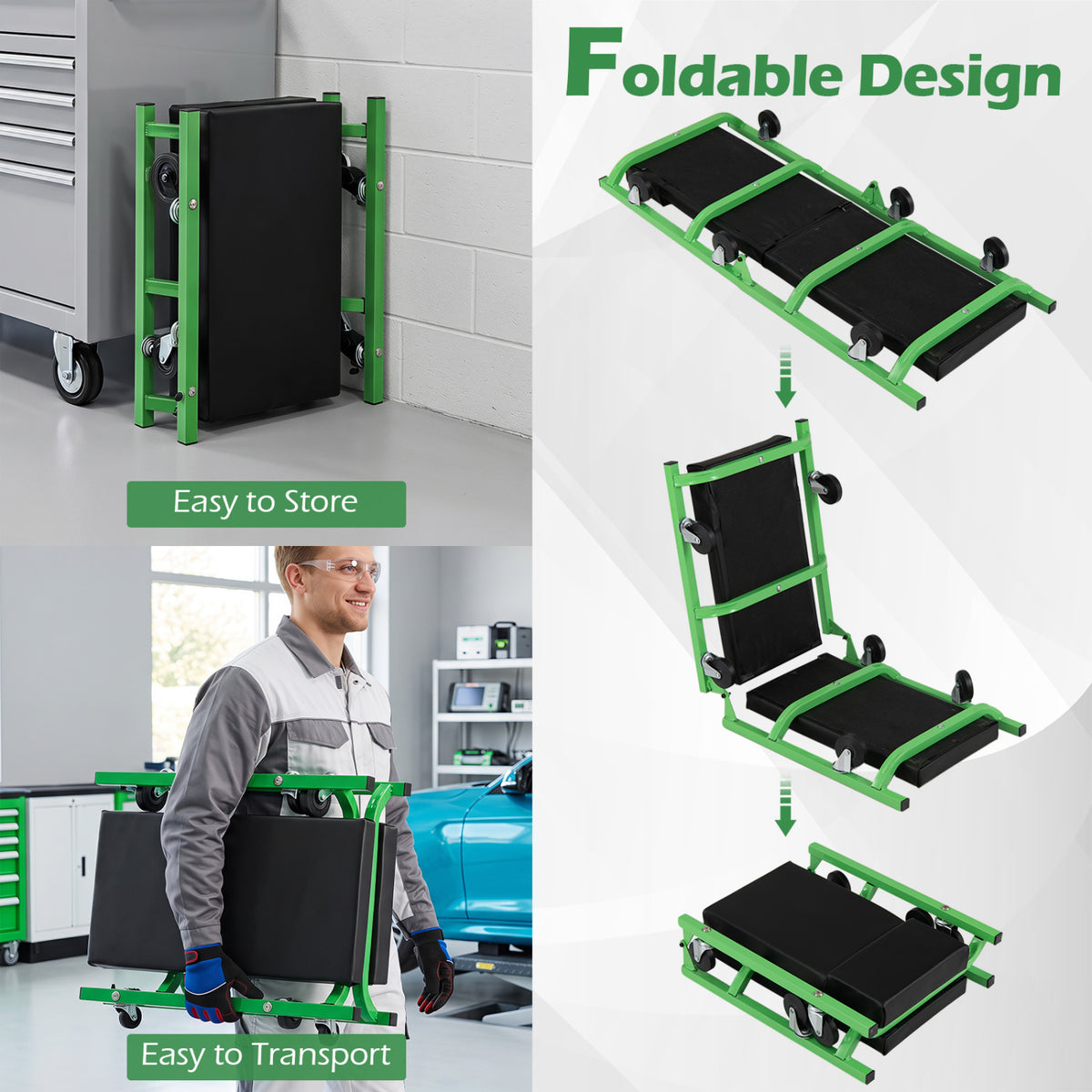 Foldable Automotive Creeper with 360° Swivel Wheels 330 lbs for Garage-Green