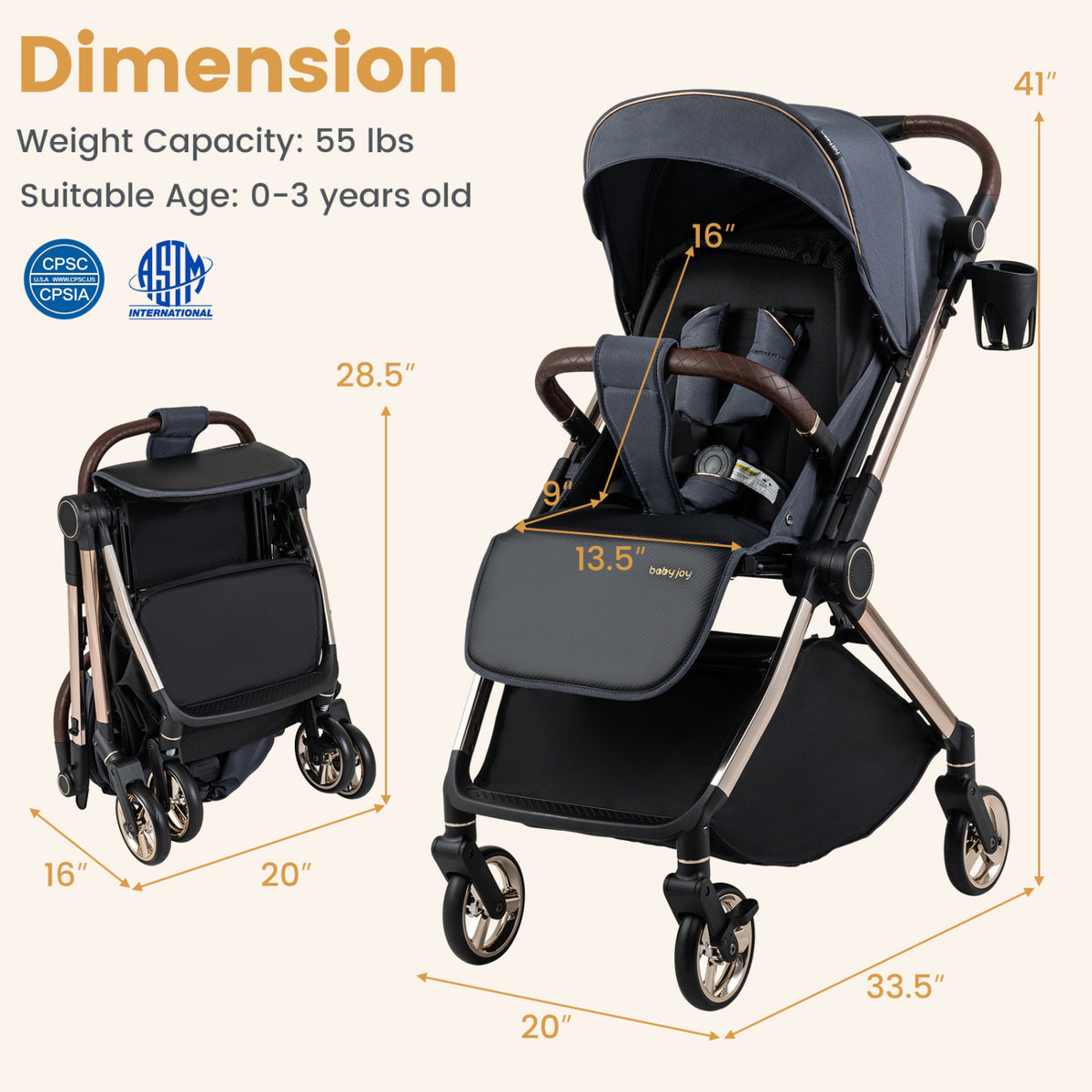 Foldable Baby Stroller with Reversible Handle-Gray