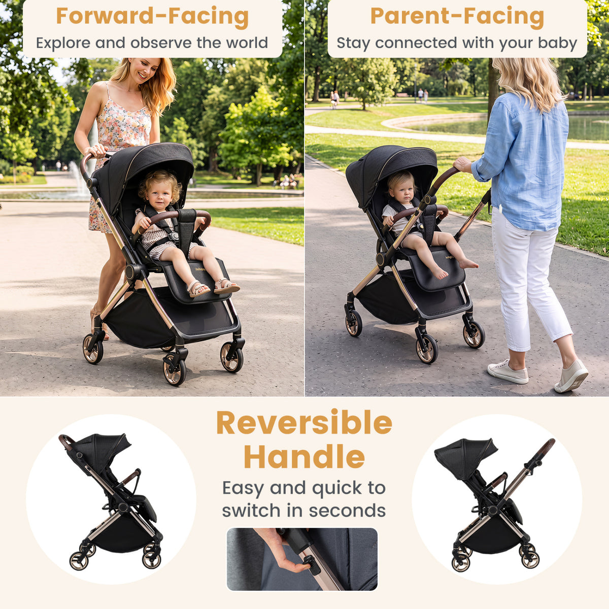 Foldable Baby Stroller with Reversible Handle-Black