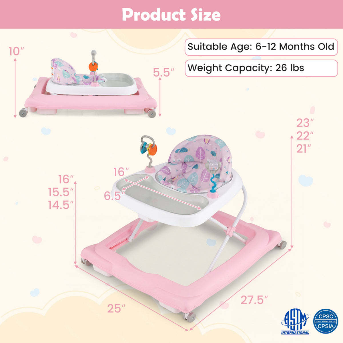 Foldable Baby Walker with Removable Seat and Adjustable Height for 6-12 Months-Pink