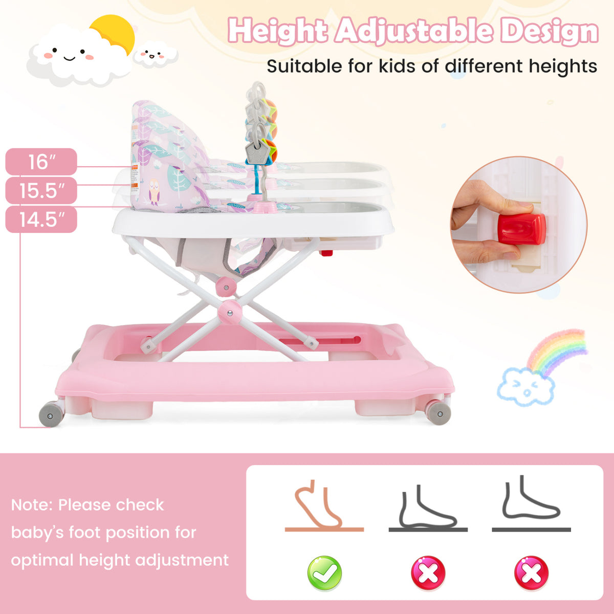 Foldable Baby Walker with Removable Seat and Adjustable Height for 6-12 Months-Pink