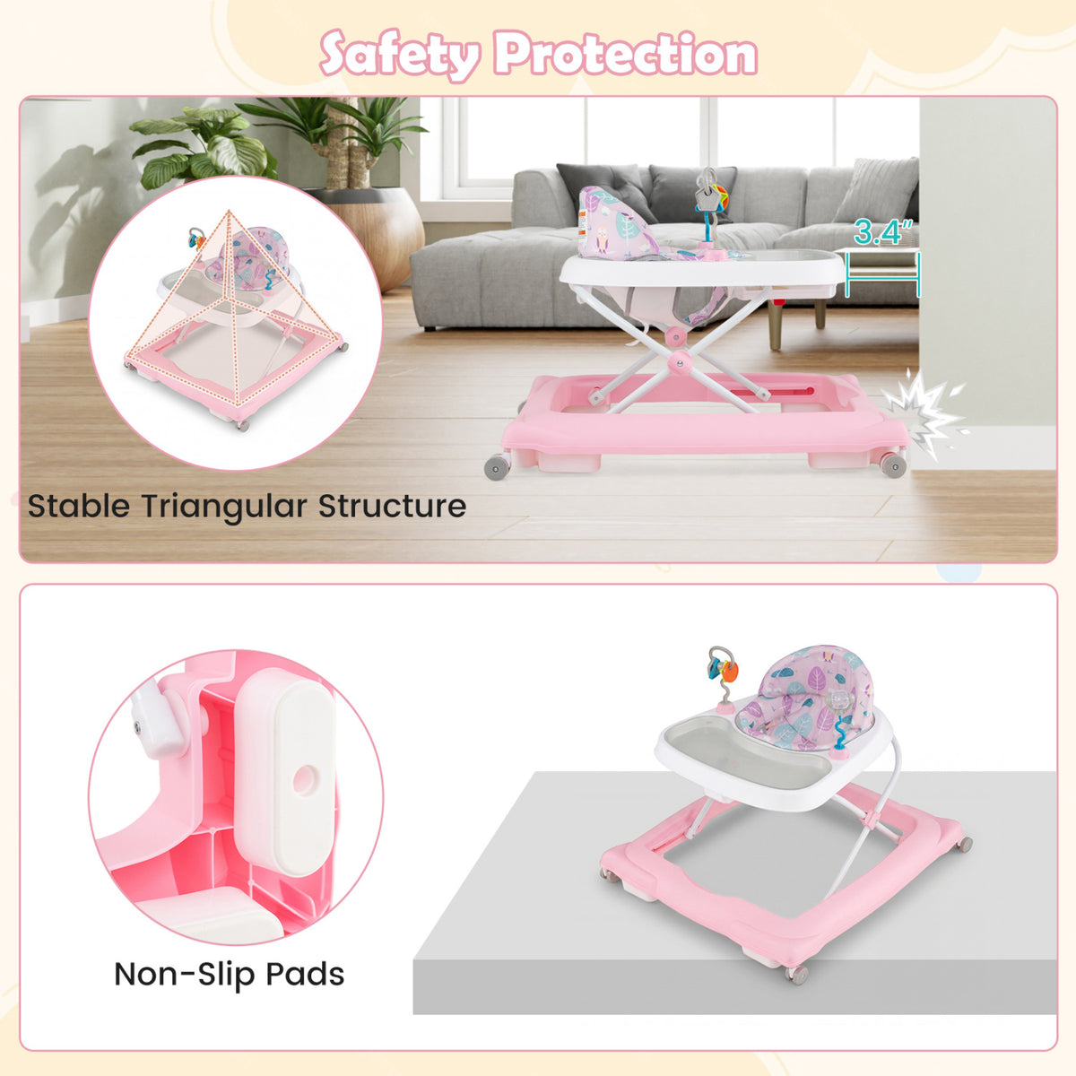 Foldable Baby Walker with Removable Seat and Adjustable Height for 6-12 Months-Pink