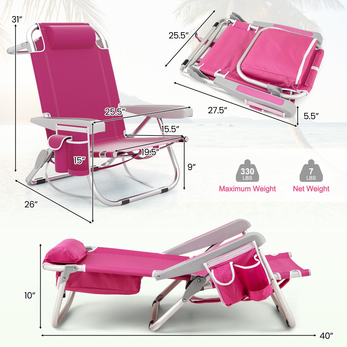 Foldable Backpack Beach Chair with Cup Holder and Storage Pockets Set of 2-Pink