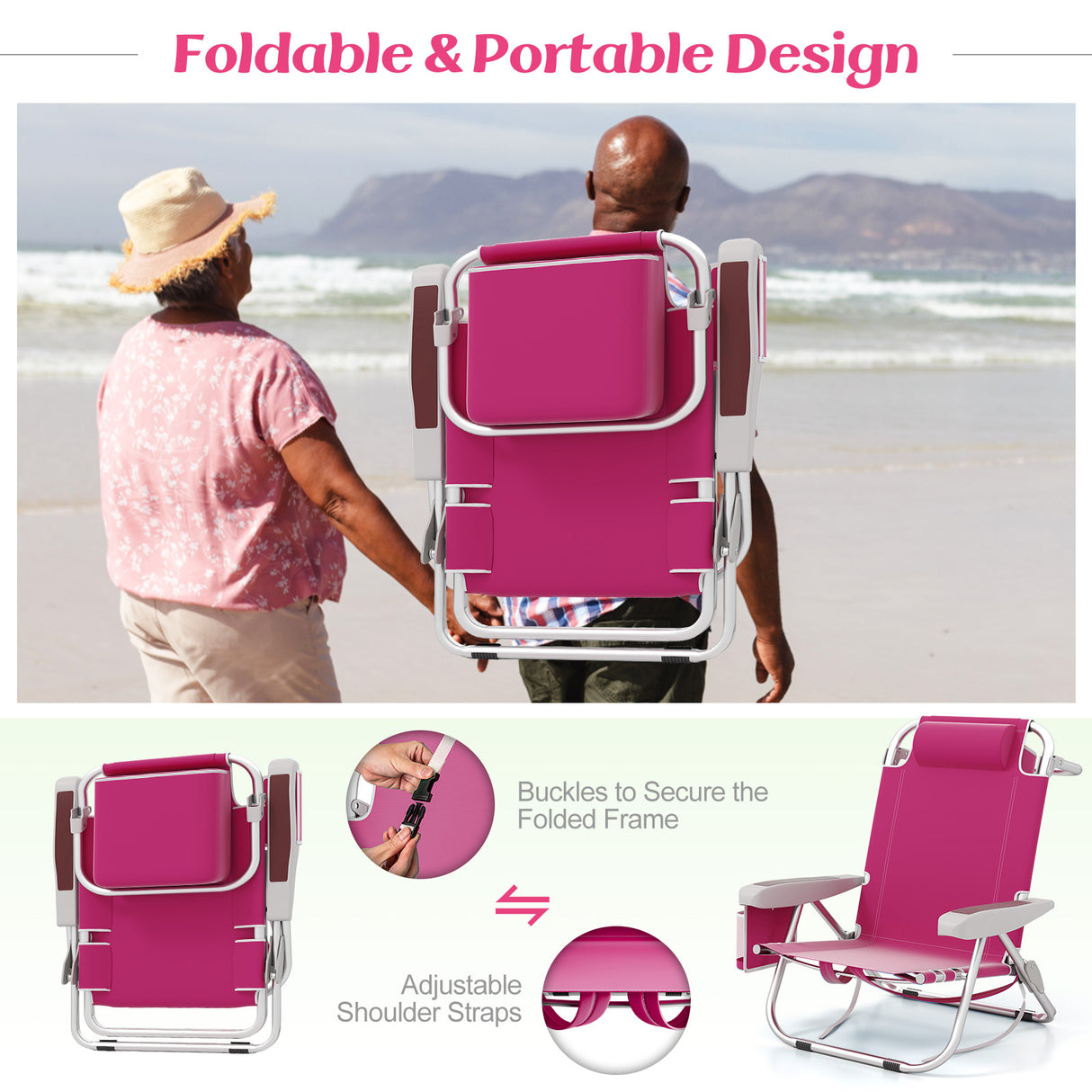 Foldable Backpack Beach Chair with Cup Holder and Storage Pockets Set of 2-Pink