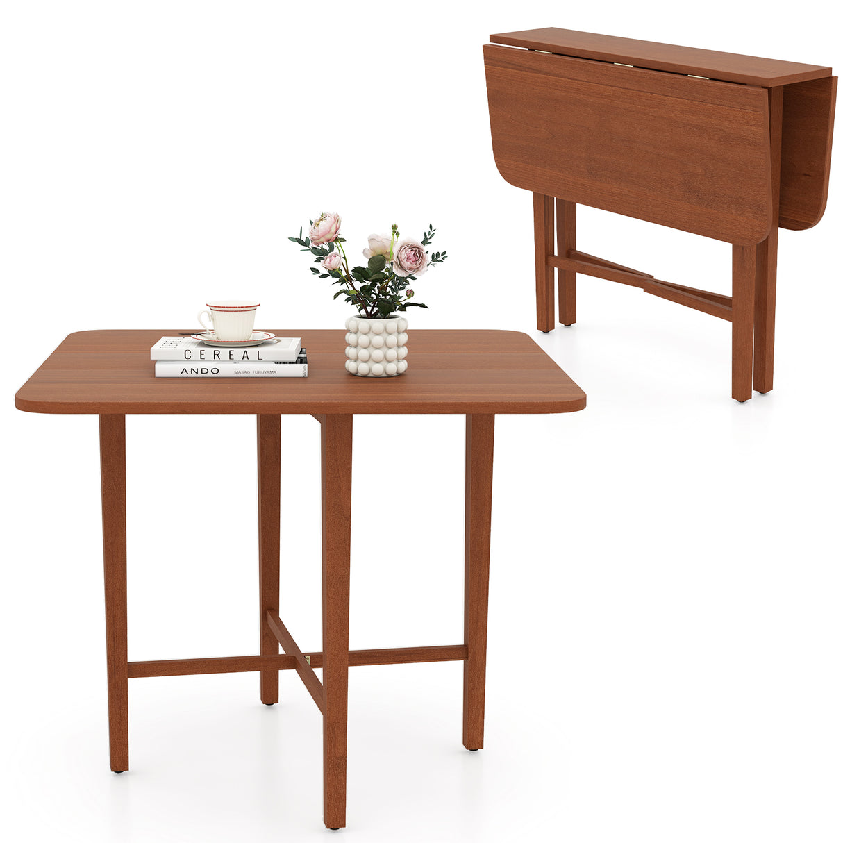 Foldable Dining Table for 2-4 People with Rubber Wood Legs for Small Space-Walnut
