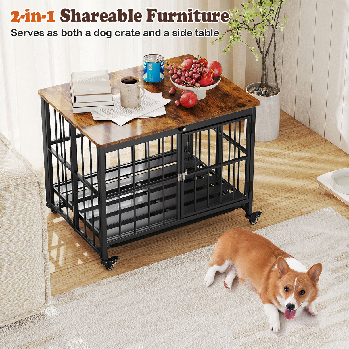 Foldable Dog Crate Furniture with Removable Tray and Lockable Door-S