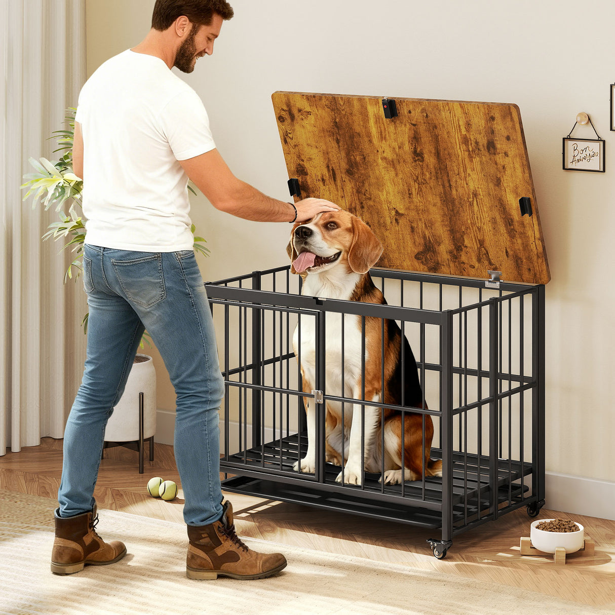 Foldable Dog Crate Furniture with Removable Tray and Lockable Door-L