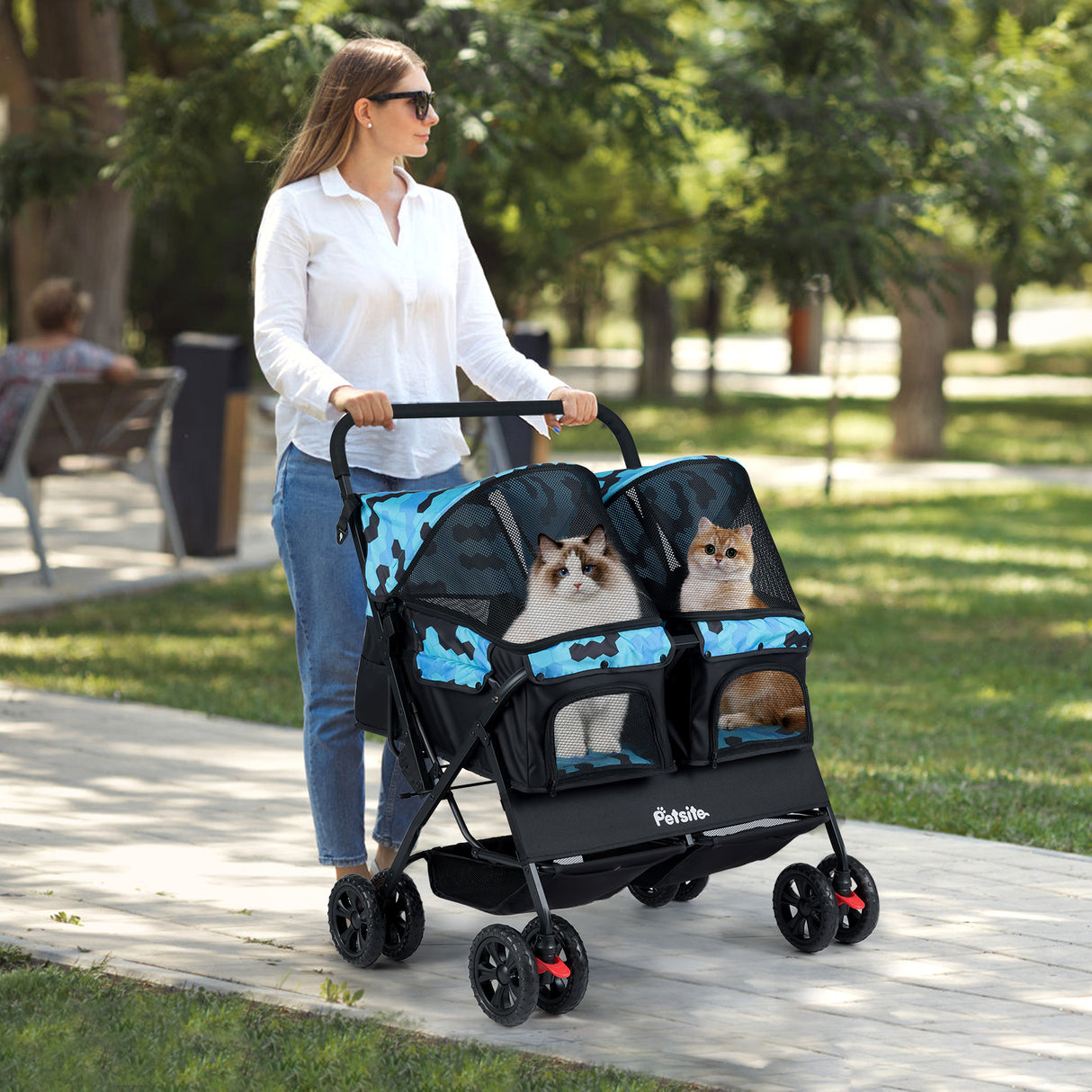 Foldable Double Pet Stroller with Adjustable Sunshade and Storage Basket-Navy