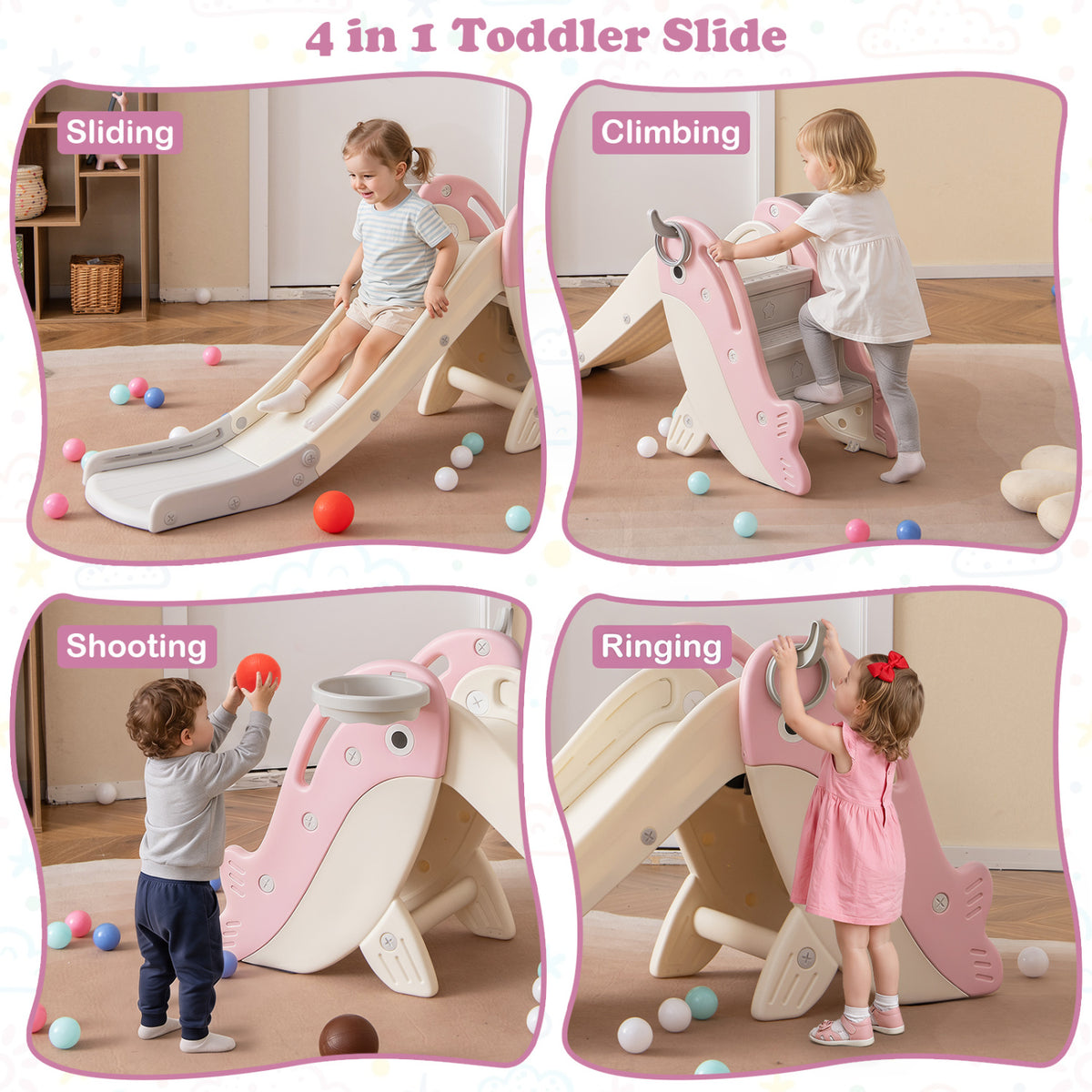 Foldable Freestanding Baby Slide Climber Playset with Basketball Hoop for Kids-Pink