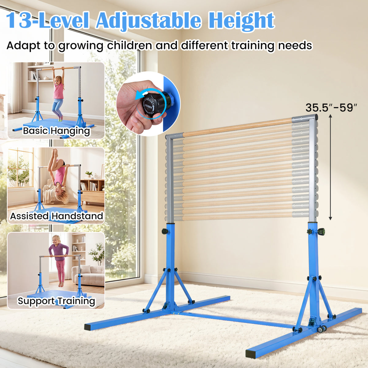 Foldable Gymnastics Bar for Kids with 3-Level Adjustable Heights-Blue