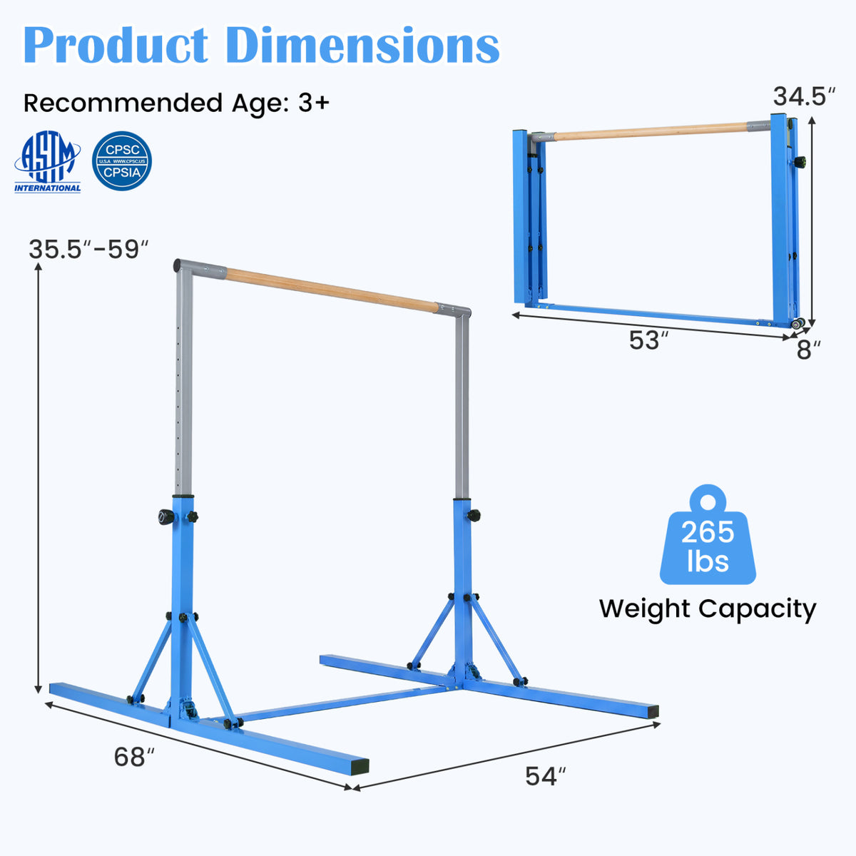 Foldable Gymnastics Bar for Kids with 3-Level Adjustable Heights-Blue