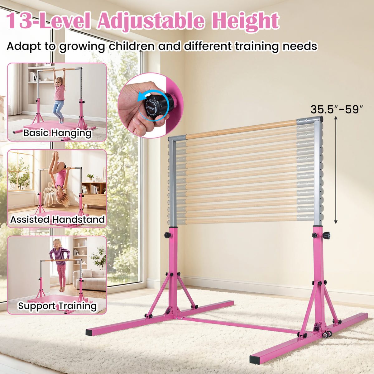Foldable Gymnastics Bar for Kids with 3-Level Adjustable Heights-Pink