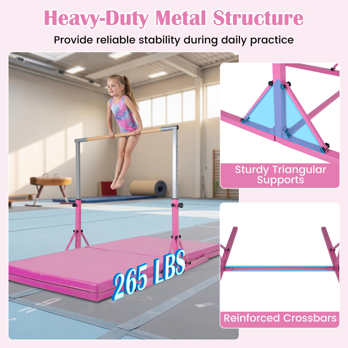 Foldable Gymnastics Bar for Kids with 3-Level Adjustable Heights-Pink